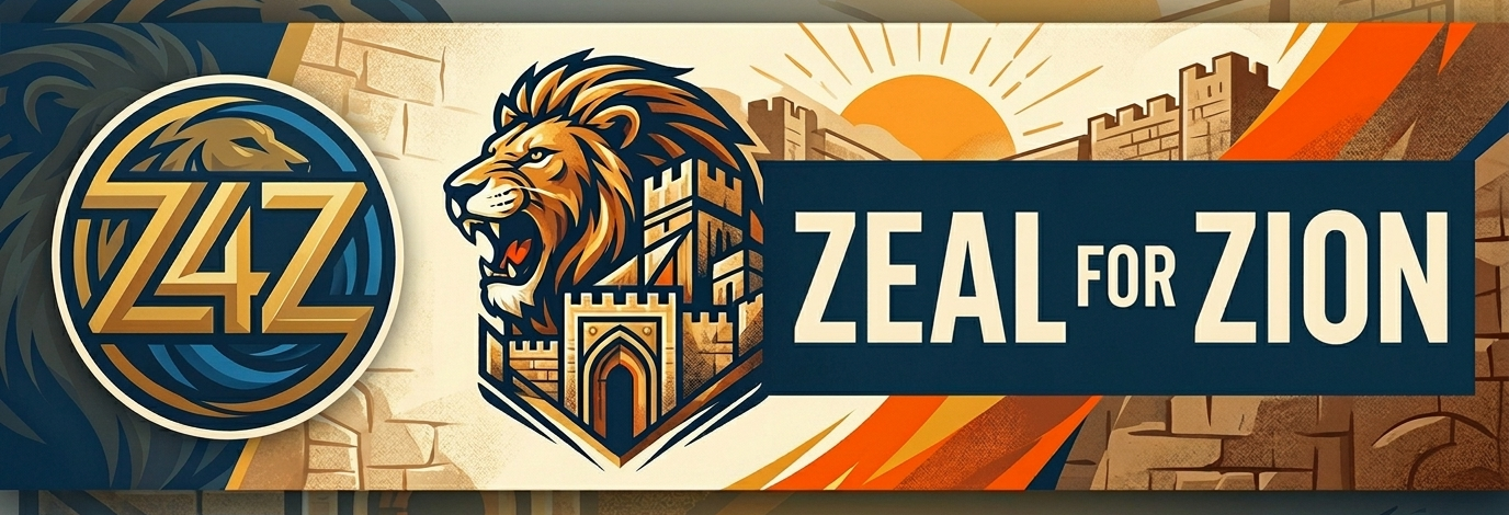 Zeal For Zion banner: lion, fortress, and Zeal For Zion wordmark